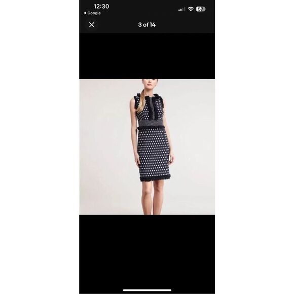 Tory Burch Navy Blue Evelyn Polka Dot Jacquard Sheath Dress Size 4 Fringe - Picture 2 of 12